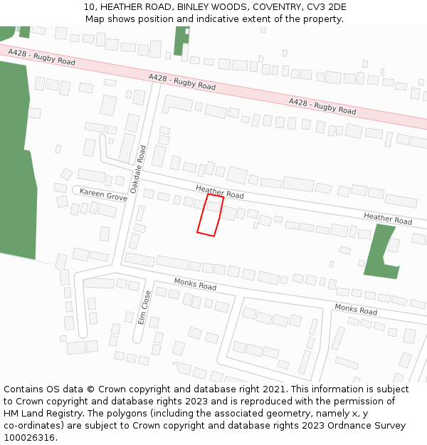 10, HEATHER ROAD, BINLEY WOODS, COVENTRY, CV3 2DE: Location map and indicative extent of plot