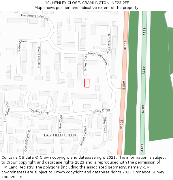 10, HENLEY CLOSE, CRAMLINGTON, NE23 2FE: Location map and indicative extent of plot