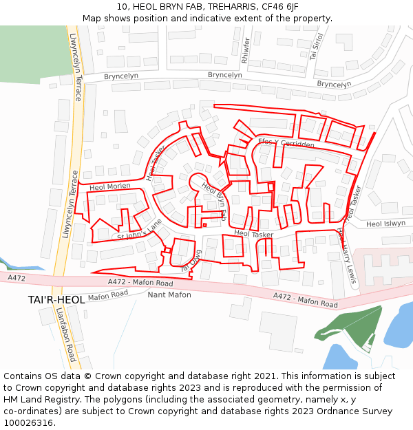 10, HEOL BRYN FAB, TREHARRIS, CF46 6JF: Location map and indicative extent of plot