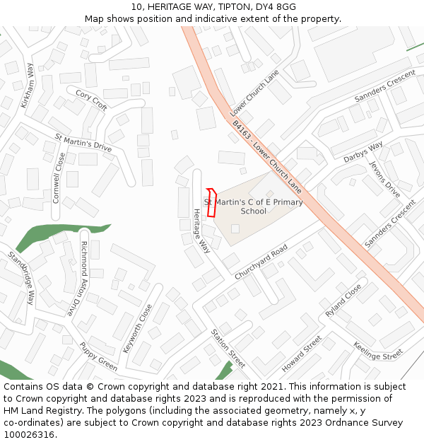 10, HERITAGE WAY, TIPTON, DY4 8GG: Location map and indicative extent of plot