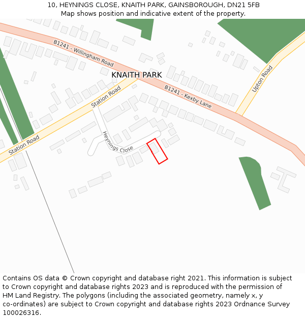 10, HEYNINGS CLOSE, KNAITH PARK, GAINSBOROUGH, DN21 5FB: Location map and indicative extent of plot