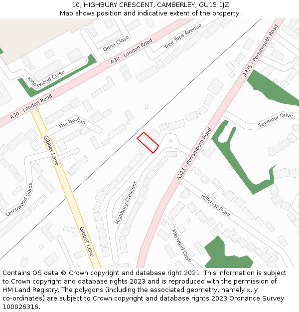 10, HIGHBURY CRESCENT, CAMBERLEY, GU15 1JZ: Location map and indicative extent of plot