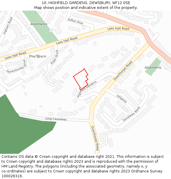 10, HIGHFIELD GARDENS, DEWSBURY, WF12 0SE: Location map and indicative extent of plot