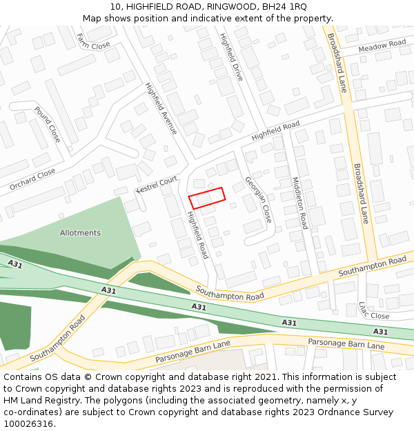 10, HIGHFIELD ROAD, RINGWOOD, BH24 1RQ: Location map and indicative extent of plot