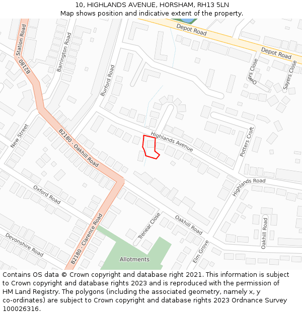 10, HIGHLANDS AVENUE, HORSHAM, RH13 5LN: Location map and indicative extent of plot