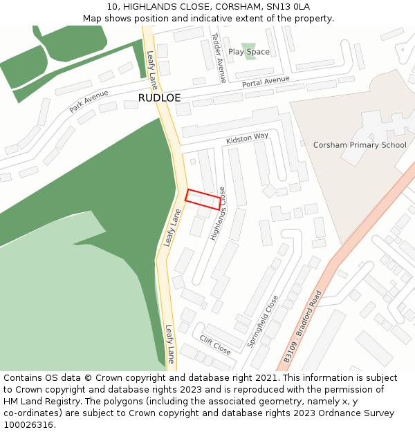 10, HIGHLANDS CLOSE, CORSHAM, SN13 0LA: Location map and indicative extent of plot