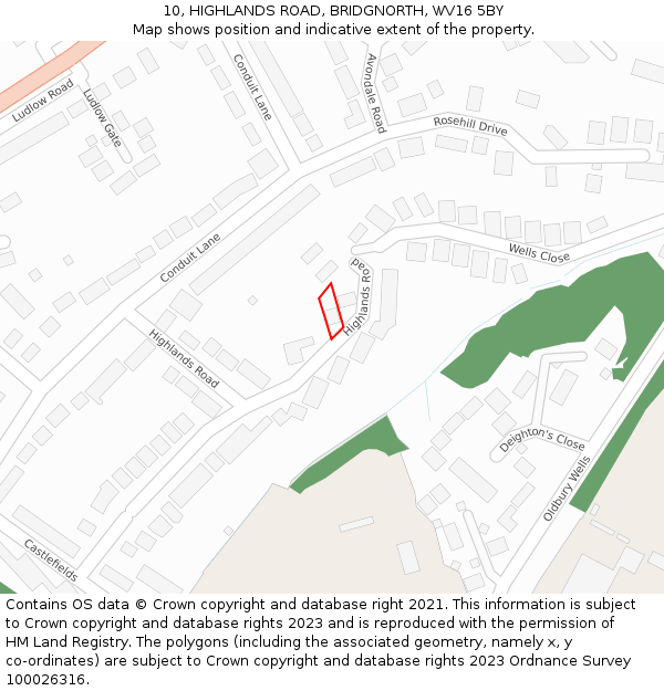 10, HIGHLANDS ROAD, BRIDGNORTH, WV16 5BY: Location map and indicative extent of plot