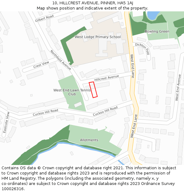 10, HILLCREST AVENUE, PINNER, HA5 1AJ: Location map and indicative extent of plot