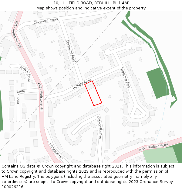 10, HILLFIELD ROAD, REDHILL, RH1 4AP: Location map and indicative extent of plot