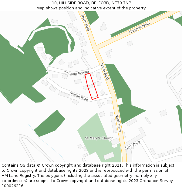 10, HILLSIDE ROAD, BELFORD, NE70 7NB: Location map and indicative extent of plot