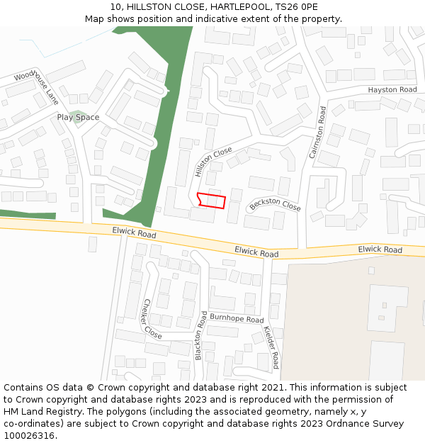 10, HILLSTON CLOSE, HARTLEPOOL, TS26 0PE: Location map and indicative extent of plot