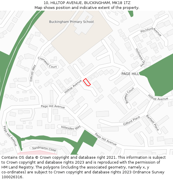 10, HILLTOP AVENUE, BUCKINGHAM, MK18 1TZ: Location map and indicative extent of plot