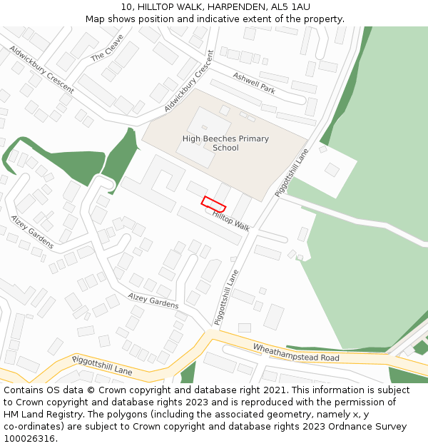 10, HILLTOP WALK, HARPENDEN, AL5 1AU: Location map and indicative extent of plot