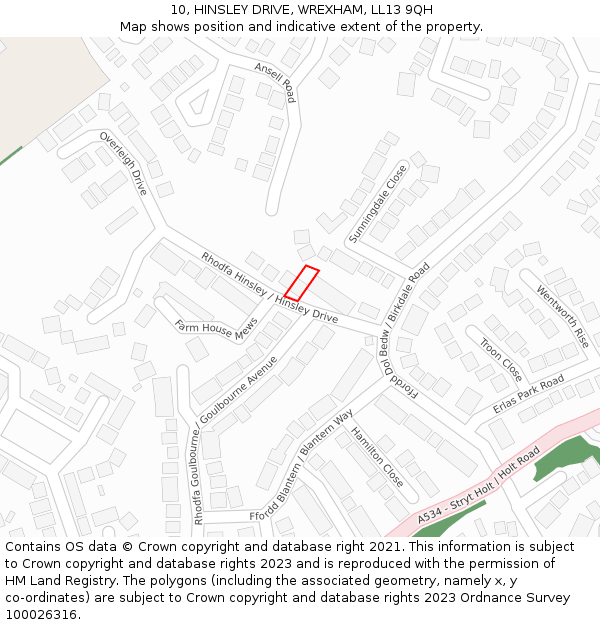 10, HINSLEY DRIVE, WREXHAM, LL13 9QH: Location map and indicative extent of plot