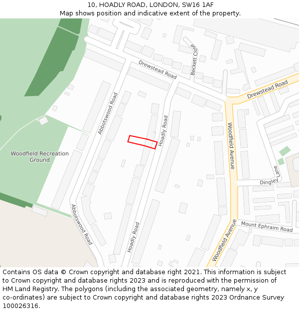 10, HOADLY ROAD, LONDON, SW16 1AF: Location map and indicative extent of plot