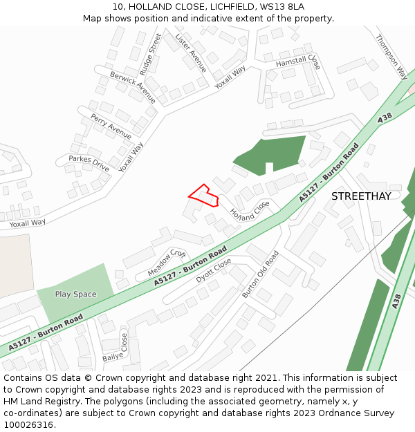 10, HOLLAND CLOSE, LICHFIELD, WS13 8LA: Location map and indicative extent of plot