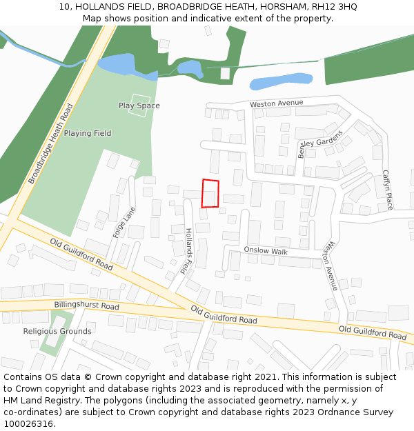 10, HOLLANDS FIELD, BROADBRIDGE HEATH, HORSHAM, RH12 3HQ: Location map and indicative extent of plot