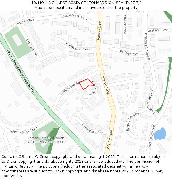 10, HOLLINGHURST ROAD, ST LEONARDS-ON-SEA, TN37 7JP: Location map and indicative extent of plot