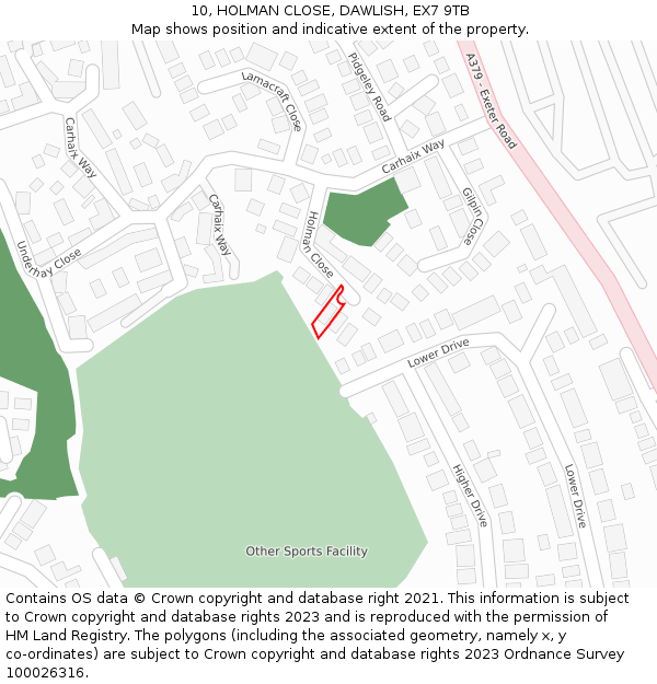 10, HOLMAN CLOSE, DAWLISH, EX7 9TB: Location map and indicative extent of plot