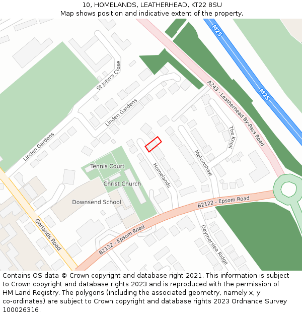 10, HOMELANDS, LEATHERHEAD, KT22 8SU: Location map and indicative extent of plot