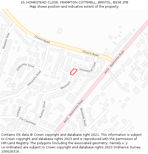 10, HOMESTEAD CLOSE, FRAMPTON COTTERELL, BRISTOL, BS36 2FB: Location map and indicative extent of plot