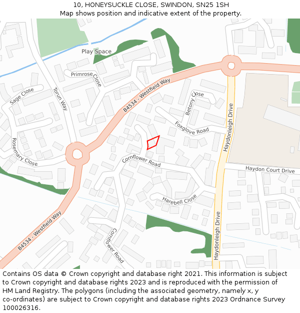 10, HONEYSUCKLE CLOSE, SWINDON, SN25 1SH: Location map and indicative extent of plot