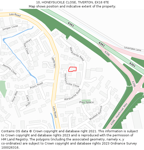 10, HONEYSUCKLE CLOSE, TIVERTON, EX16 6TE: Location map and indicative extent of plot