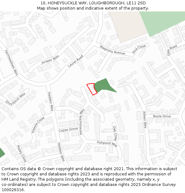 10, HONEYSUCKLE WAY, LOUGHBOROUGH, LE11 2SD: Location map and indicative extent of plot
