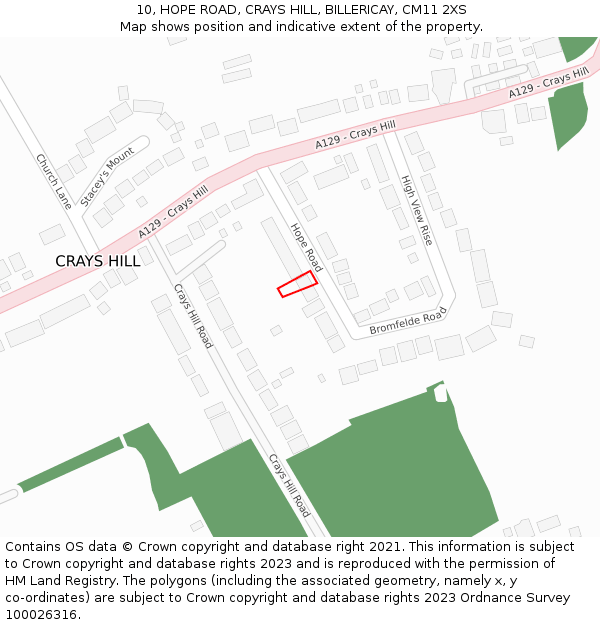 10, HOPE ROAD, CRAYS HILL, BILLERICAY, CM11 2XS: Location map and indicative extent of plot