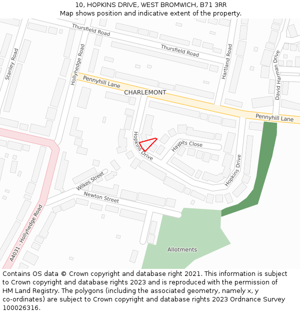 10, HOPKINS DRIVE, WEST BROMWICH, B71 3RR: Location map and indicative extent of plot