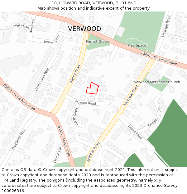 10, HOWARD ROAD, VERWOOD, BH31 6ND: Location map and indicative extent of plot
