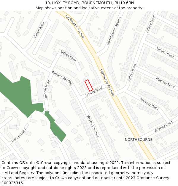 10, HOXLEY ROAD, BOURNEMOUTH, BH10 6BN: Location map and indicative extent of plot