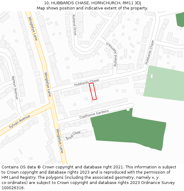 10, HUBBARDS CHASE, HORNCHURCH, RM11 3DJ: Location map and indicative extent of plot