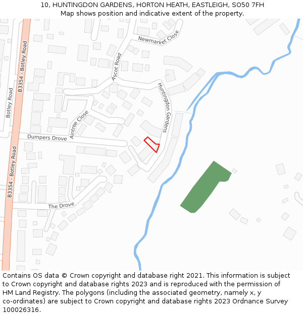 10, HUNTINGDON GARDENS, HORTON HEATH, EASTLEIGH, SO50 7FH: Location map and indicative extent of plot