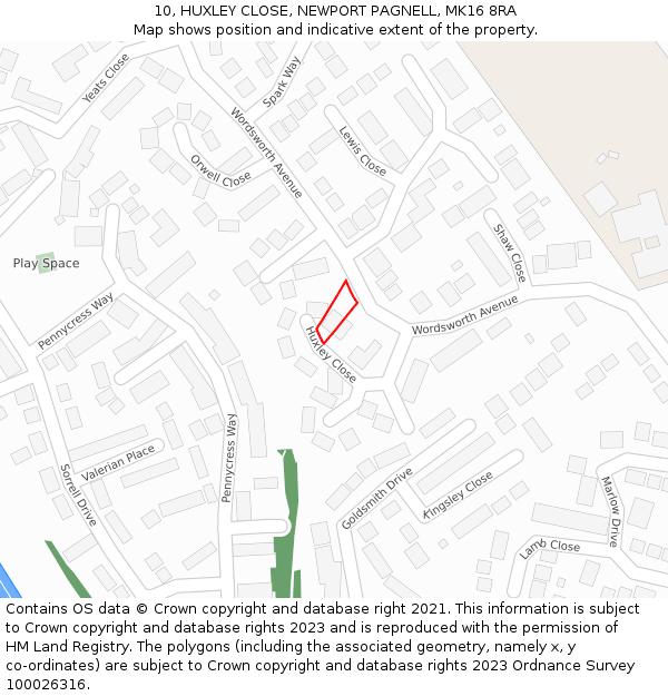 10, HUXLEY CLOSE, NEWPORT PAGNELL, MK16 8RA: Location map and indicative extent of plot