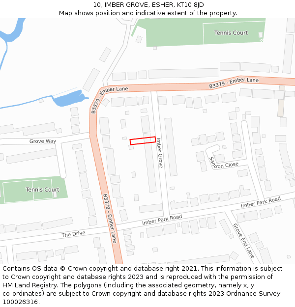 10, IMBER GROVE, ESHER, KT10 8JD: Location map and indicative extent of plot