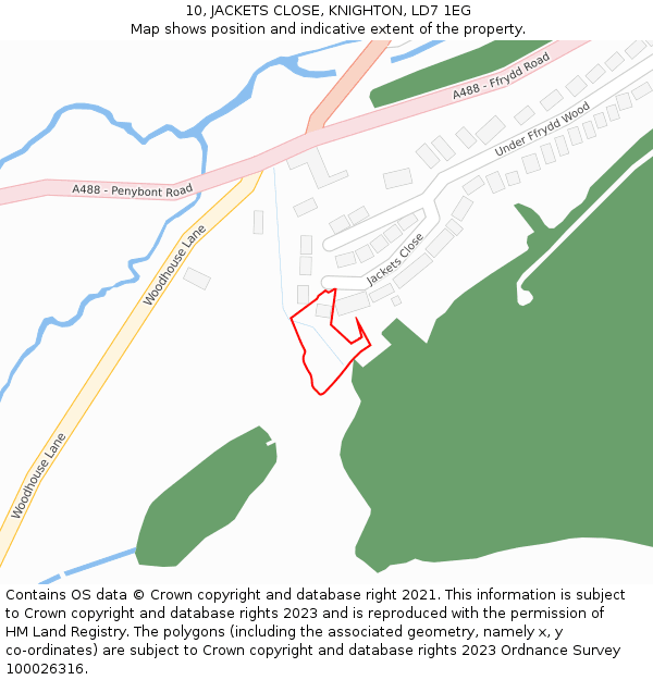 10, JACKETS CLOSE, KNIGHTON, LD7 1EG: Location map and indicative extent of plot