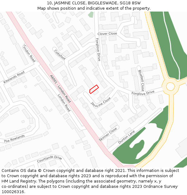 10, JASMINE CLOSE, BIGGLESWADE, SG18 8SW: Location map and indicative extent of plot