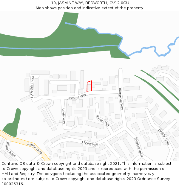 10, JASMINE WAY, BEDWORTH, CV12 0GU: Location map and indicative extent of plot