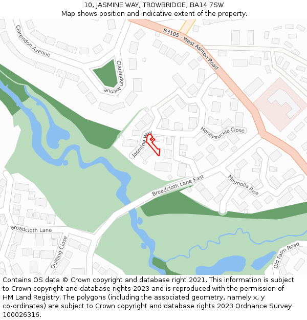 10, JASMINE WAY, TROWBRIDGE, BA14 7SW: Location map and indicative extent of plot