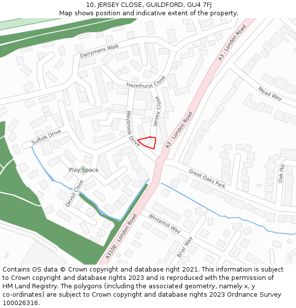 10, JERSEY CLOSE, GUILDFORD, GU4 7FJ: Location map and indicative extent of plot