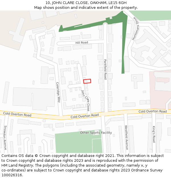 10, JOHN CLARE CLOSE, OAKHAM, LE15 6GH: Location map and indicative extent of plot