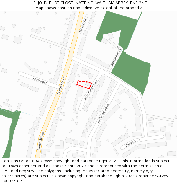 10, JOHN ELIOT CLOSE, NAZEING, WALTHAM ABBEY, EN9 2NZ: Location map and indicative extent of plot