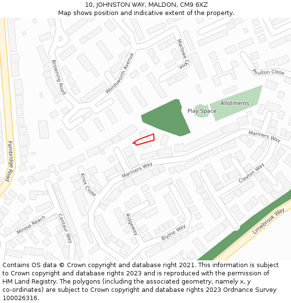 10, JOHNSTON WAY, MALDON, CM9 6XZ: Location map and indicative extent of plot