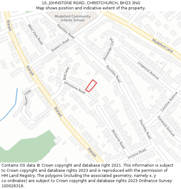 10, JOHNSTONE ROAD, CHRISTCHURCH, BH23 3NG: Location map and indicative extent of plot