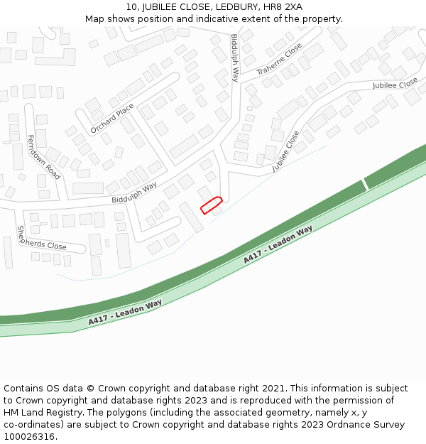 10, JUBILEE CLOSE, LEDBURY, HR8 2XA: Location map and indicative extent of plot