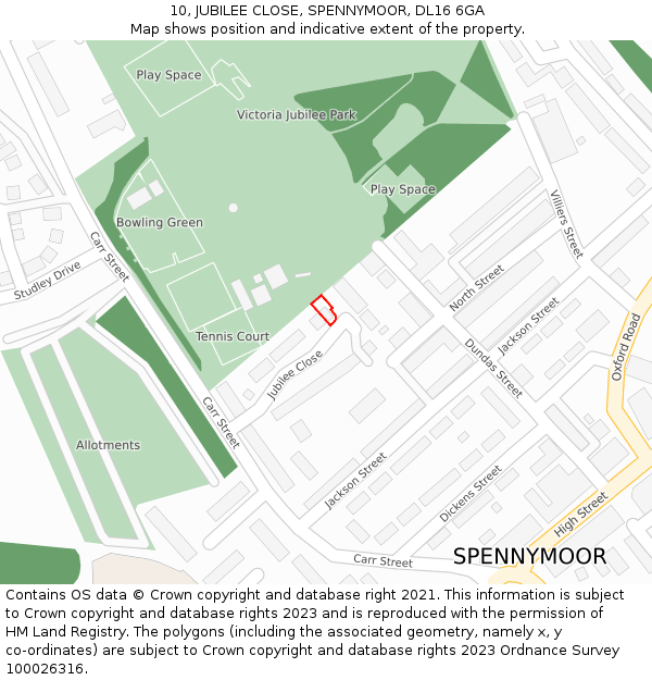 10, JUBILEE CLOSE, SPENNYMOOR, DL16 6GA: Location map and indicative extent of plot