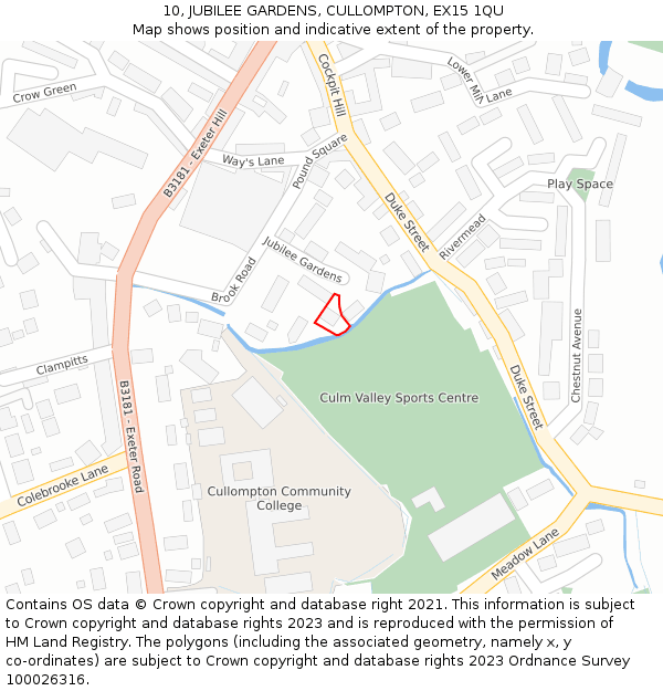 10, JUBILEE GARDENS, CULLOMPTON, EX15 1QU: Location map and indicative extent of plot