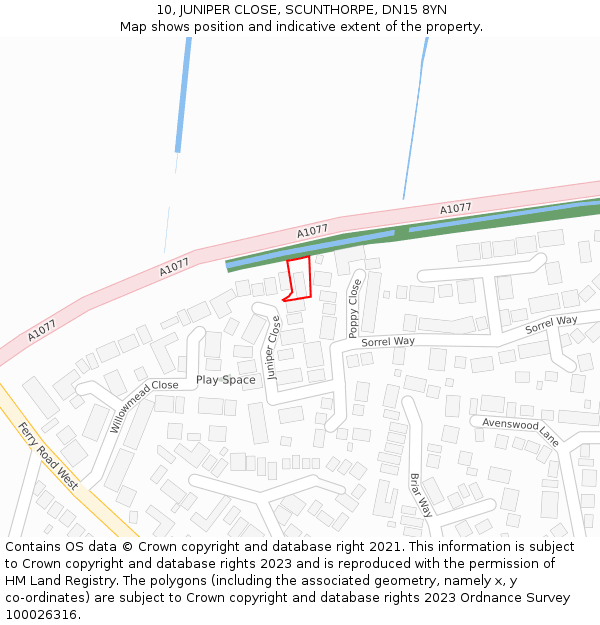 10, JUNIPER CLOSE, SCUNTHORPE, DN15 8YN: Location map and indicative extent of plot