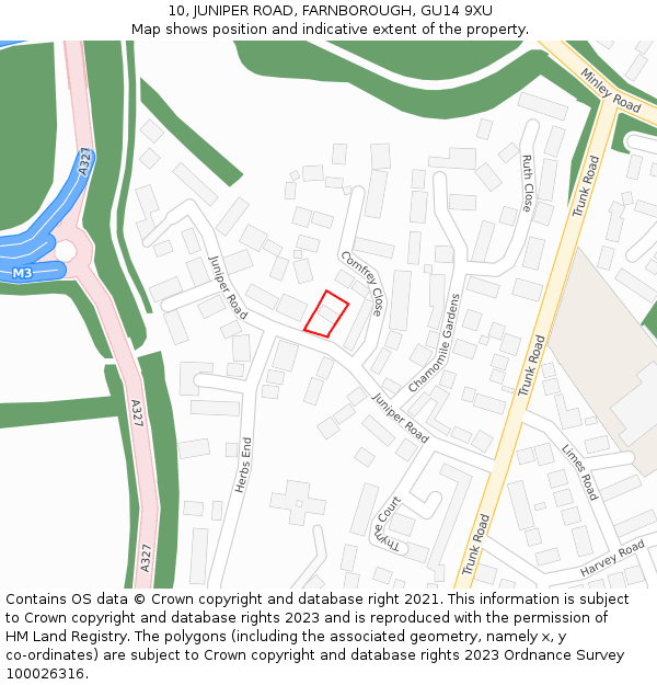 10, JUNIPER ROAD, FARNBOROUGH, GU14 9XU: Location map and indicative extent of plot